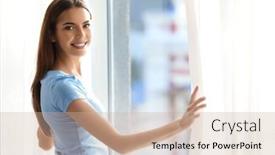  Presentation with curtains - Presentation consisting of young-woman-opening-curtains-indoors background and a coral colored foreground