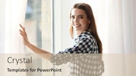  Presentation with curtains - Colorful presentation design enhanced with young-woman-opening-curtains-indoors backdrop and a lemonade colored foreground