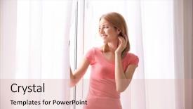  Presentation with curtain opening - Beautiful theme featuring young woman opening curtains backdrop and a coral colored foreground