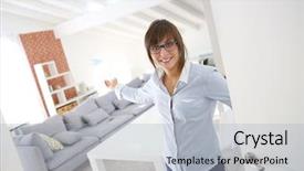  Presentation with new home - Slides featuring young woman opening entrance door background and a light blue colored foreground