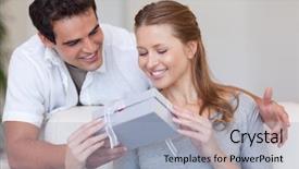 Presentation with romantic gift - Audience pleasing PPT layouts consisting of young woman opening the gift backdrop and a light blue colored foreground