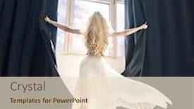  Presentation with curtains - Presentation with young woman opens curtains at the window background and a lemonade colored foreground