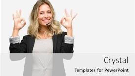  Presentation with relaxation - Theme with young woman operator from call center doing ok sign gesture with both hands expressing meditation and relaxation background and a white colored foreground