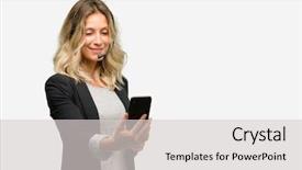  Presentation with call center performance reporting - Slides having young woman operator from call background and a light gray colored foreground