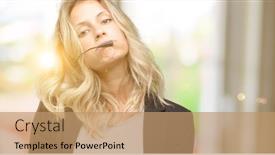  Presentation with overworked - PPT theme enhanced with young woman operator from call center with sleepy expression being overworked and tired background and a coral colored foreground