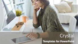  Presentation with tablet - Slide deck with young-woman-or-student-using background and a dark gray colored foreground