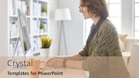  Presentation with tablet - Presentation theme enhanced with young-woman-or-student-using background and a coral colored foreground