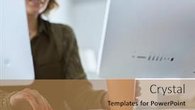  Presentation with tablet - Slide set consisting of young-woman-or-student-using background and a coral colored foreground