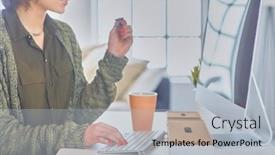  Presentation with tablet - PPT theme consisting of young-woman-or-student-using background and a light gray colored foreground