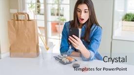  Presentation with express delivery - Audience pleasing slides consisting of young woman ordering food delivery backdrop and a light blue colored foreground