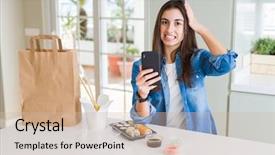  Presentation with food delivery - Slide set enhanced with young woman ordering food delivery background and a soft green colored foreground