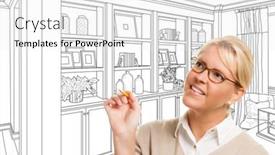  Presentation with custom - Amazing PPT theme having young woman over custom built-in shelves and cabinets design drawing backdrop and a white colored foreground
