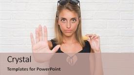  Presentation with floral border over white - Presentation theme having young woman over white brick background and a coral colored foreground