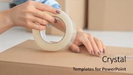  Presentation with boxing woman and a tawny - Slides with young woman packing box indoors background and a  colored foreground