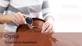  Presentation with brown leather - Amazing PPT theme having young woman packing her brown leather backpack backdrop and a red colored foreground