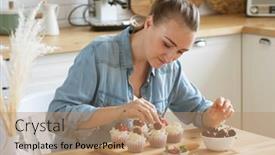  Presentation with pastry chef - Slide set enhanced with young-woman-pastry-chef-decorates background and a coral colored foreground