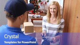  Presentation with courier firm financial analysis - PPT layouts with young woman paying for package background and a cobalt blue colored foreground