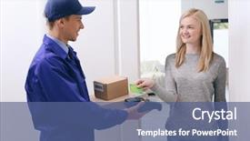  Presentation with courier - Amazing slide set having young woman paying for package from courier backdrop and a ocean colored foreground