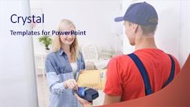  Presentation with courier - PPT theme having young woman paying for package from courier background and a sky blue colored foreground