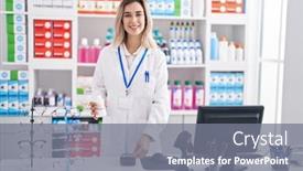 Presentation with credit card - Slide deck with young-woman-pharmacist-charging-pills background and a gray colored foreground