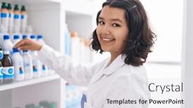  Presentation with medication - PPT theme consisting of young-woman-pharmacist-holding-medication background and a white colored foreground