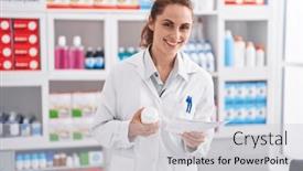  Presentation with prescription - PPT theme with young-woman-pharmacist-holding-pills background and a light gray colored foreground