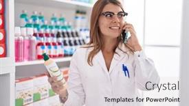  Presentation with shampoo - Presentation design featuring young-woman-pharmacist-holding-shampoo background and a light gray colored foreground