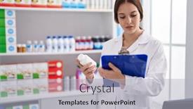  Presentation with prescription - Presentation theme having young-woman-pharmacist-reading-prescription background and a light gray colored foreground