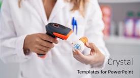  Presentation with scanning - Presentation theme with young-woman-pharmacist-scanning-pills background and a light gray colored foreground