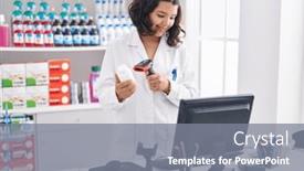  Presentation with scanning - PPT theme with young-woman-pharmacist-scanning-pills background and a gray colored foreground