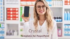  Presentation with smartphone app - PPT theme enhanced with young-woman-pharmacist-showing-app background and a lemonade colored foreground