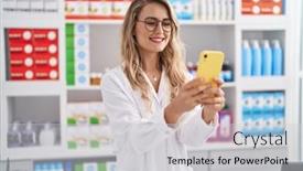  Presentation with pharmacy - PPT theme consisting of young-woman-pharmacist-smiling-confident background and a light gray colored foreground