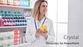  Presentation with young business woman smile show - PPT layouts featuring young-woman-pharmacist-smiling-confident background and a  colored foreground