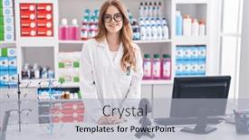  Presentation with pharmacy suspensi - Presentation featuring young-woman-pharmacist-smiling-confident background and a light gray colored foreground