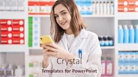  Presentation with powder pharmacy - Slide set with young-woman-pharmacist-using-smartphone background and a lemonade colored foreground