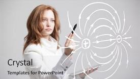  Presentation with electricity physics - Theme featuring young woman physics teacher draws background and a light gray colored foreground