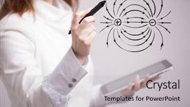  Presentation with electricity physics - Amazing PPT theme having young woman physics teacher draws backdrop and a light gray colored foreground