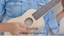 Presentation with ukulele - PPT theme having young woman play with ukulele background and a coral colored foreground