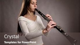 Presentation with clarinet - Colorful presentation design enhanced with young woman playing a clarinet on a gray background backdrop and a gray colored foreground