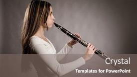 Presentation with clarinet - Amazing PPT theme having young woman playing a clarinet on a gray background backdrop and a gray colored foreground