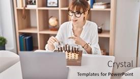  Presentation with chess - PPT layouts having young-woman-playing-online-chess background and a coral colored foreground