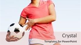  Presentation with complete - Audience pleasing PPT theme consisting of young woman playing soccer in a field from a complete series of photos backdrop and a coral colored foreground