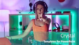  Presentation with video games playing - PPT theme consisting of young-woman-playing-video-games background and a teal colored foreground