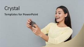  Presentation with mobile games - Amazing slide deck having young woman playing video games backdrop and a light gray colored foreground