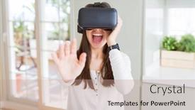  Presentation with simulation - PPT theme featuring young woman playing virtual reality game using simulation glasses headset funny and amazing entertainment background and a coral colored foreground