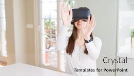  Presentation with simulation - PPT theme consisting of young woman playing virtual reality game using simulation glasses headset funny and amazing entertainment background and a lemonade colored foreground