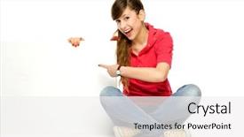  Presentation with poster - Presentation theme with young woman pointing at blank poster background and a white colored foreground