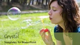  Presentation with making soap - Amazing presentation design having young woman portrait making soap bubbles backdrop and a yellow colored foreground