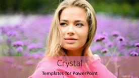  Presentation with purple flowers - PPT theme featuring young-woman-portrait-posing-against background and a coral colored foreground