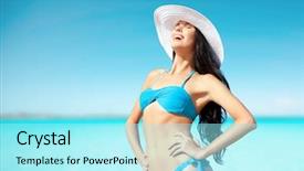  Presentation with happy holidays - Beautiful slides featuring young woman posing in bikini backdrop and a arctic colored foreground